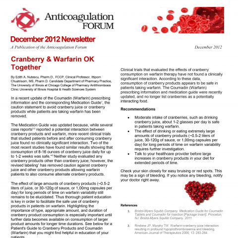 Anticoagulation Forum Newsletter: Cranberry & Warfarin Ok Together!